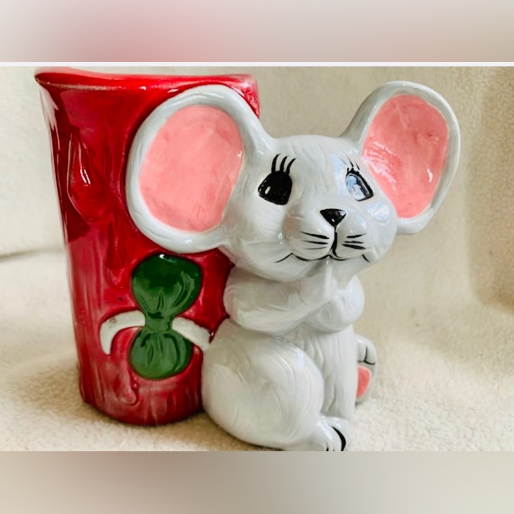 Ceramic vintage Christmas mouse candle holder Mid Century Holiday Kitsch